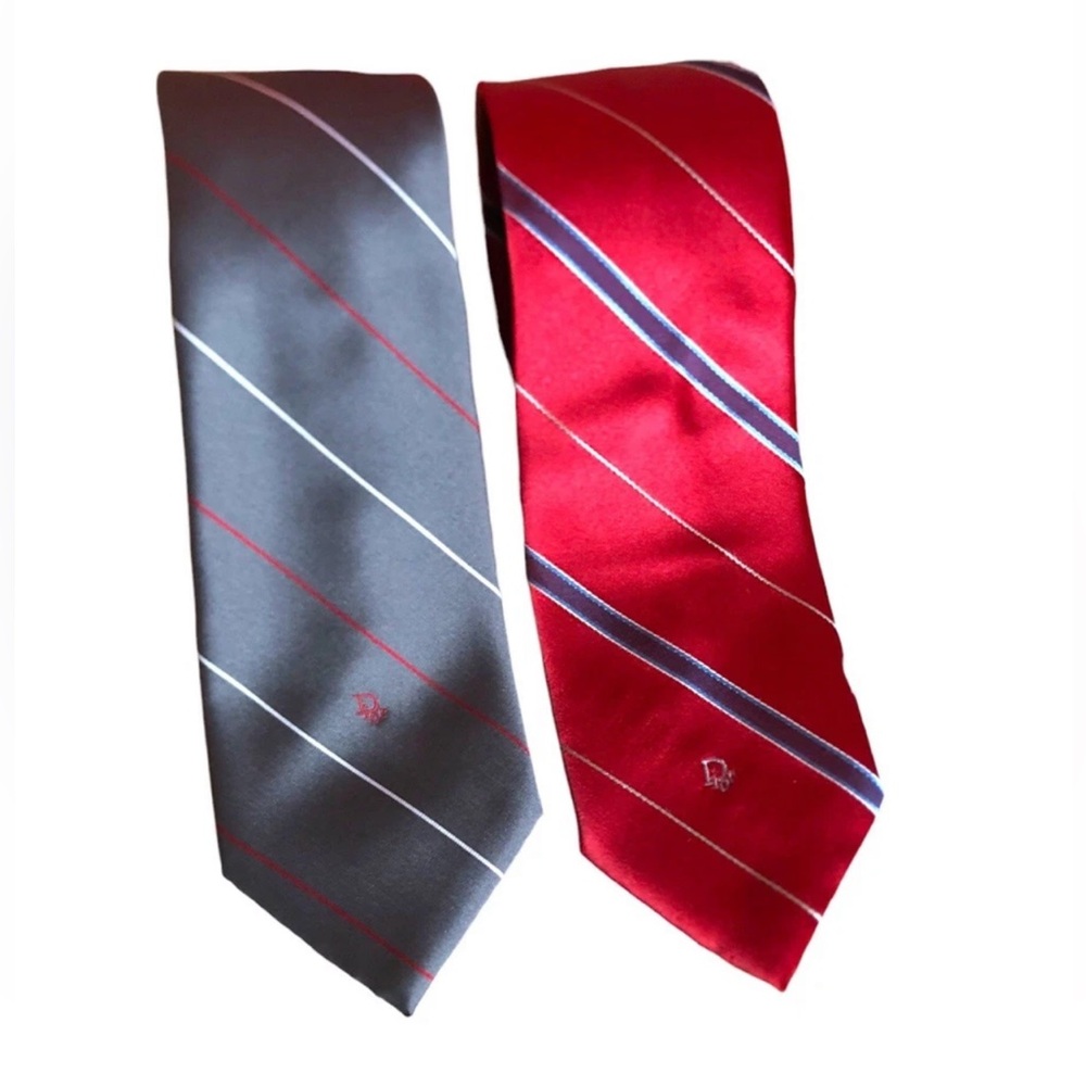 2 VTG Christian Dior Men's Classic Striped Ties Polyester Silk Blend Red & Gray